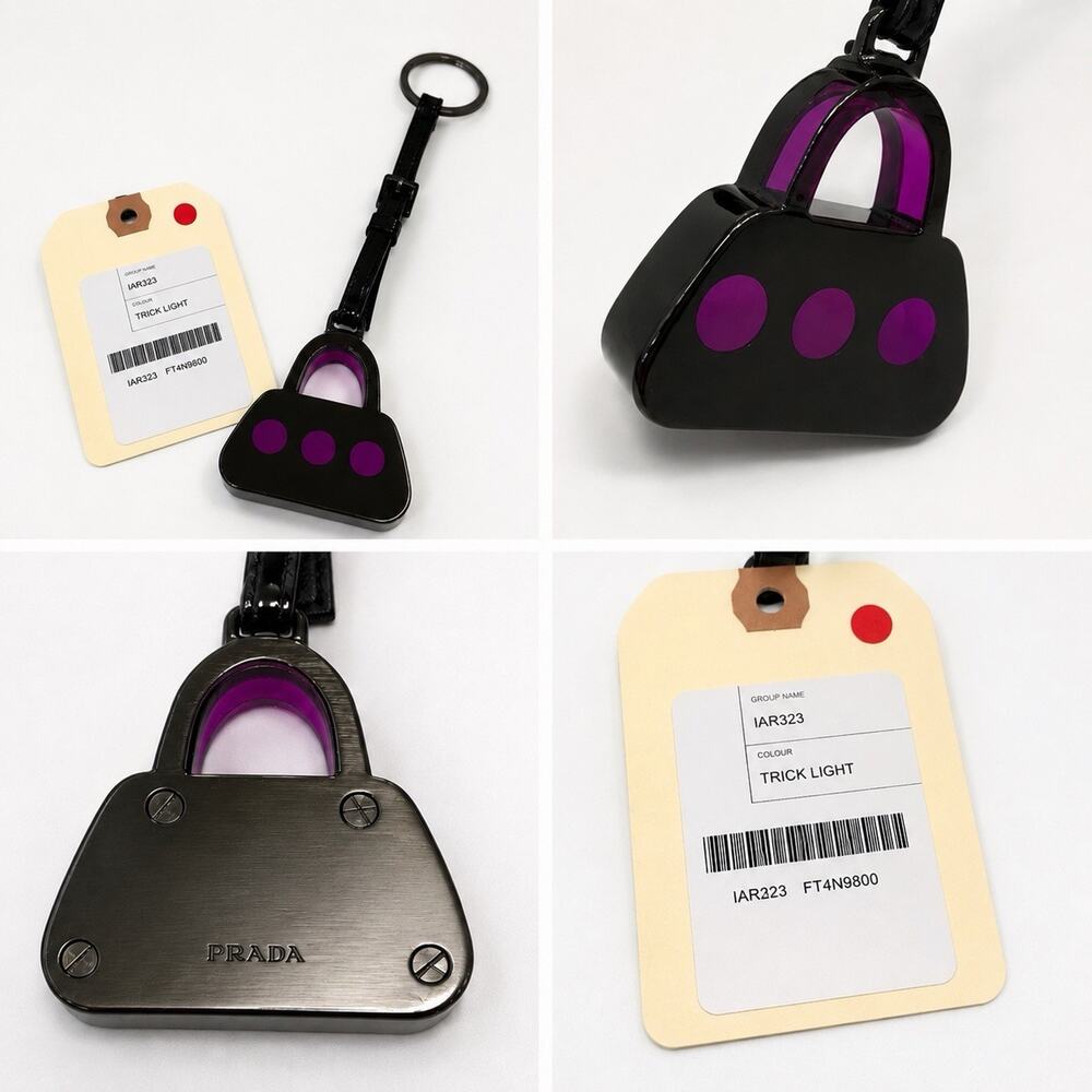 Prada Trick Light Keychain Bag Charm Black Gunmetal Purple Lucite NWT Acrylic